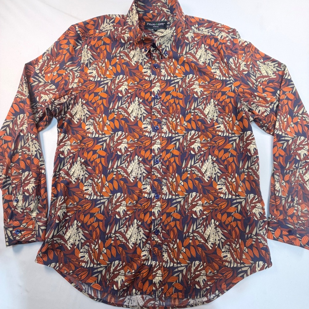 Paisley & Gray Shirt Mens XL 18 Slim Fit Tropical Leaf Floral Stretch Button Up